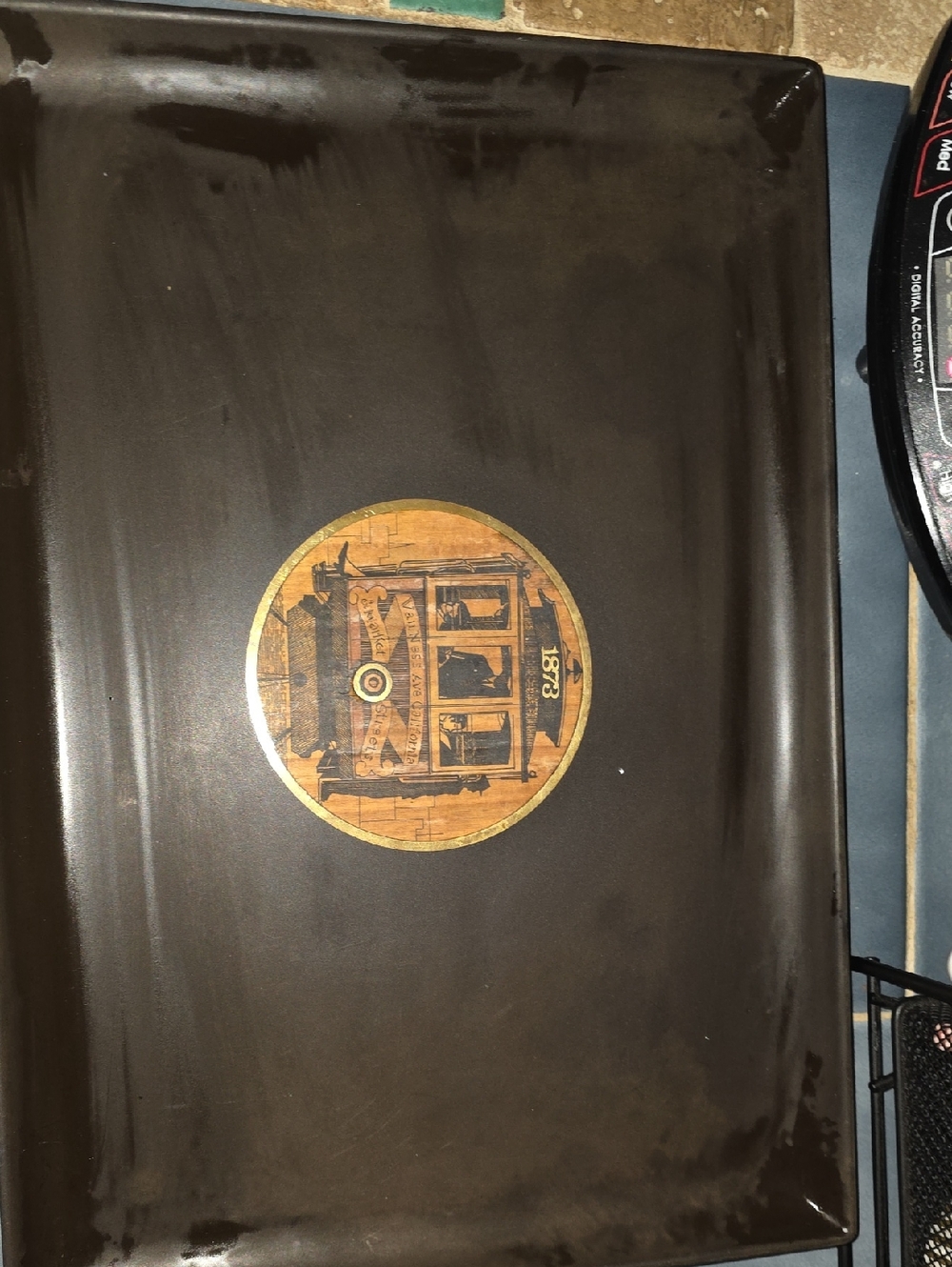 Couroc Vintage Decorative Brown Serving Platter with Street Trolley Inlay